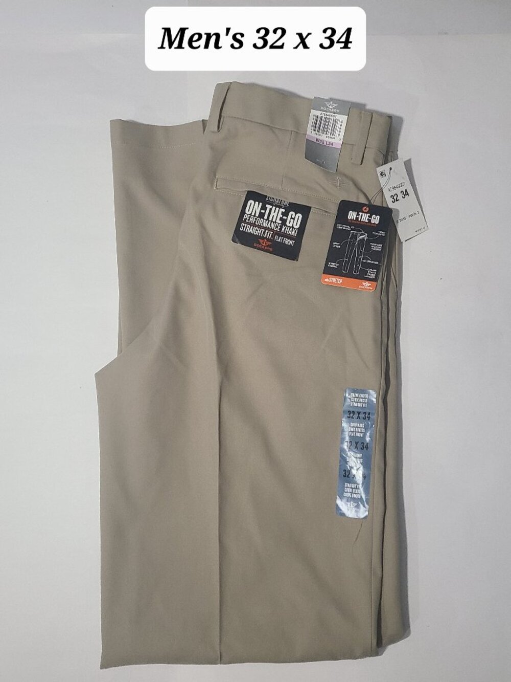 Dockers On the Go Performance Khaki Straight Flat Front Men's Size 32 x 34 NWT